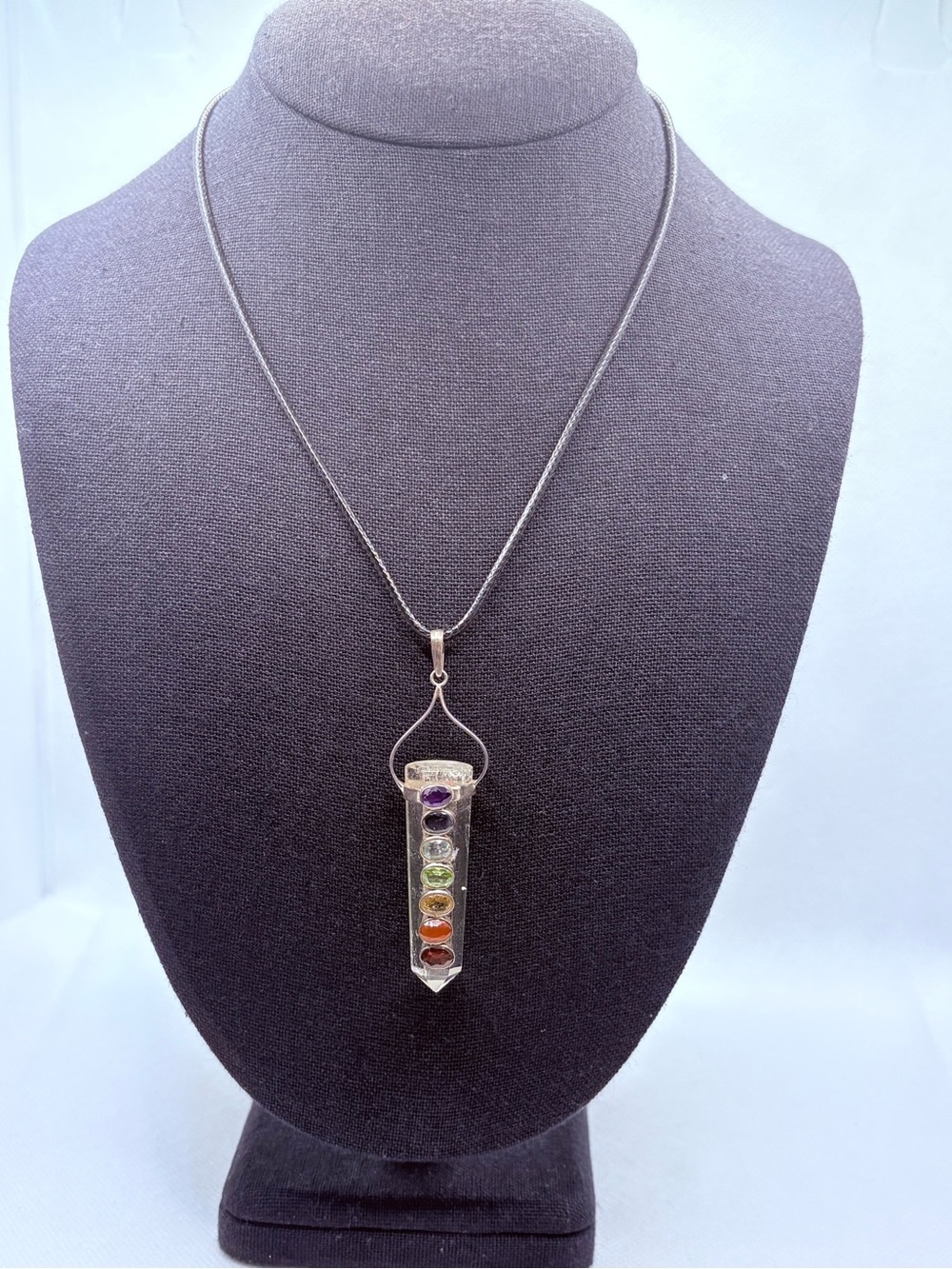 Quartz Clear Crystal Multi Gemstone Pendant Sterling Silver 925 Bale Black Cord